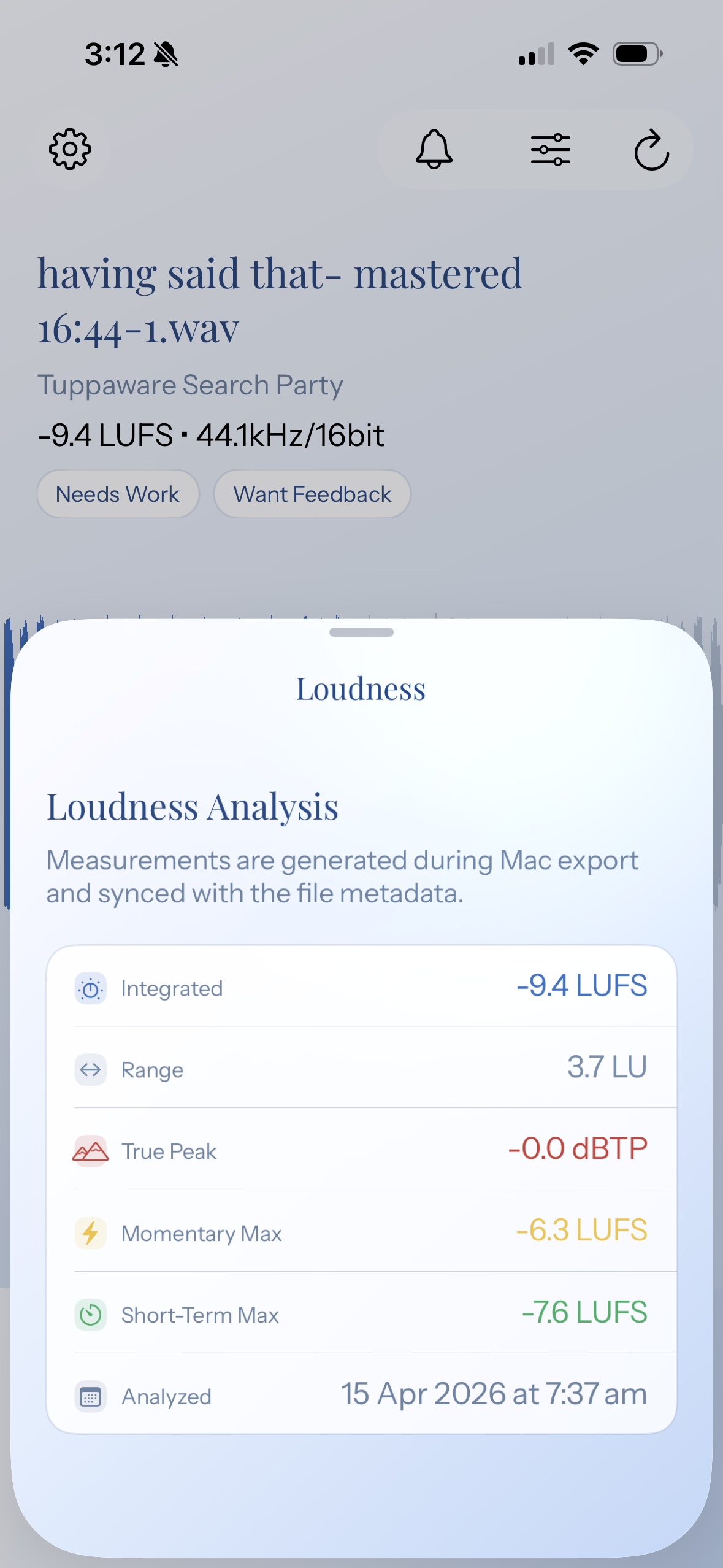 Final Draft iPhone loudness screen showing audio level details